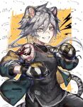  1girl :d animal_ears arknights black_pants black_shirt boxing_gloves chain clenched_teeth cowboy_shot d-l-x ear_piercing gold_chain green_jacket grey_hair grin hair_between_eyes highres indra_(arknights) jacket looking_at_viewer multicolored_hair off_shoulder open_clothes open_jacket pants piercing scar scar_on_face scar_on_nose shirt short_hair_with_long_locks shrimp sleeveless sleeveless_shirt smile solo streaked_hair tail teeth tiger_ears tiger_tail watermark yellow_eyes 
