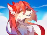  anthro canid canine canis cloudscape female fur hair happy heterochromia hyattlen legend_of_ahya mammal portrait red_body red_fur red_hair sky smile solo taylor_renee_wolford_(darkflamewolf) wolf 