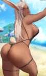  1girl animal_ear_fluff animal_ears arm_up artist_name ass beach black_swimsuit blue_sky blurry blurry_background boku_no_hero_academia breasts closed_mouth cloud commentary dark-skinned_female dark_skin day depth_of_field from_behind highres large_breasts legs_apart long_eyelashes long_hair looking_at_viewer looking_back mirko o-ring ocean oroborus outdoors rabbit_ears rabbit_girl rabbit_tail red_eyes sideboob sky solo standing swimsuit tail thick_thighs thigh_strap thighs thong_swimsuit water white_hair 