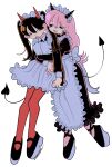  2girls :d apron bangs black_eyes black_hair demon_girl demon_horns demon_tail dress eye_contact fang frilled_apron frills full_body highres horns hug hug_from_behind juliet_sleeves long_dress long_hair long_sleeves looking_at_another maid maid_apron maid_headdress mary_janes multiple_girls original pantyhose pink_hair puffy_sleeves red_eyes red_legwear shoes smile sweatdrop swept_bangs tail tansaiboooo twintails 