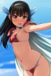  1girl :d absurdres armor bangs bikini bikini_armor black_hair black_hairband blue_sky blurry blurry_background blush breasts brown_eyes cape cloud day depth_of_field eyebrows_visible_through_hair groin hair_between_eyes hairband highres long_hair matsunaga_kouyou navel nose_blush original outdoors outstretched_arm pauldrons red_bikini shoulder_armor sky small_breasts smile solo swimsuit teeth upper_teeth white_cape 