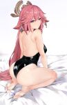  1girl absurdres animal_ears arm_support bangs bare_back bare_legs bare_shoulders barefoot bed_sheet black_swimsuit breasts earrings fox_ears from_behind gem genshin_impact halo highres jewelry long_hair on_bed one-piece_swimsuit parted_lips pink_hair plantar_flexion purple_eyes ritalem seiza sitting soles solo strapless strapless_swimsuit swimsuit toes very_long_hair white_background yae_miko 