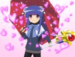  1girl bangs black_jacket black_legwear blue_bow blue_hair bow capelet closed_mouth commentary_request cosplay cosplay_request eyebrows_visible_through_hair furude_rika gaou_(babel) headgear heart higurashi_no_naku_koro_ni holding holding_umbrella holding_wand jacket long_hair long_sleeves pantyhose petals purple_eyes red_umbrella smile solo sparkle tamura_yukari umbrella very_long_hair voice_actor_connection wand white_capelet 