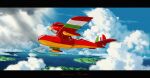  aircraft airplane black_border blue_sky border cloud cloudy_sky flying flying_boat highres island italian_flag kurenai_no_buta mac_naut ocean scenery sky studio_ghibli 