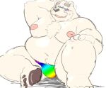  12beat13 2022 anthro asian_clothing belly blush clothing east_asian_clothing fundoshi humanoid_hands japanese_clothing kemono male mammal mature_male moobs nipples one_eye_closed overweight overweight_male polar_bear sitting solo underwear ursid ursine wink 