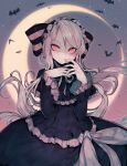  1girl bat blood blood_in_mouth bonnet bow crescent_moon dress frilled_dress frills gothic_lolita highres lolita_fashion moon overlord_(maruyama) pale_skin parororo red_eyes revision shalltear_bloodfallen silver_hair solo striped striped_bow undead vampire 