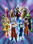  1girl 6+boys absolutely_everyone absurdres android_18 android_19 bald black_hair chinese_clothes colored_skin commentary_request dragon_ball dragon_ball_super everyone frieza highres kuririn male_focus multiple_boys muscular muten_roushi piccolo simple_background son_gohan son_goku spiked_hair tenshinhan third_eye vegeta wai_(y48754085) 