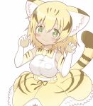  1girl absurdres animal_ear_fluff animal_ears bangs bare_shoulders blonde_hair blush bow bowtie breasts brown_hair cat_boy cat_ears cat_tail closed_mouth commentary_request elbow_gloves eyebrows_visible_through_hair gloves green_eyes hair_between_eyes highres kemono_friends long_hair medium_breasts multicolored_hair pleated_skirt sand_cat_(kemono_friends) shirt simple_background skirt sleeveless sleeveless_shirt smile solo sunanuko_(ramuneko) tail two-tone_hair white_background white_gloves white_shirt yellow_bow yellow_bowtie yellow_skirt 