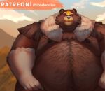  2022 absurd_res anthro belly big_belly black_nose brown_body brown_fur cute_fangs detailed_background fur hi_res humanoid_hands male moobs nintendo nipples obese obese_male outside overweight overweight_male pok&eacute;mon pok&eacute;mon_(species) shibadoodles solo ursaluna video_games 