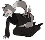  2015 angry anthro blush bodily_fluids bottomwear bottomwear_down clothed clothing cum cum_on_back duo genital_fluids gesture jam_(artist) looking_at_viewer low_res male male/male middle_finger pants pants_down partially_clothed reverend_wolf_(jam) simple_background 