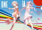  2girls artist_request ball bangs bare_arms bare_legs bare_shoulders blonde_hair blue_eyes braid braided_ponytail breasts cevio character_name dress feet_out_of_frame hair_between_eyes hair_flaps headband holding holding_racket ia_(vocaloid) kicking kneehighs leg_up long_hair multicolored_hair multiple_girls official_art one_(cevio) open_hand orange_hair orange_legwear orange_shirt parted_lips pink_footwear pink_hair pink_headwear ponytail racket shirt shoe_soles shoes short_dress short_hair_with_long_locks shorts siblings side_braids sisters sleeveless sleeveless_dress small_breasts sneakers soccer_ball soccer_uniform sportswear t-shirt tennis_ball tennis_racket tennis_uniform thigh_strap twin_braids two-tone_hair very_long_hair visor_cap vocaloid white_dress white_shorts wristband 