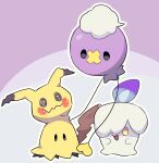 animal_focus black_eyes blank_eyes blush_stickers commentary_request drifloon fire floating full_body ghost happy highres kureson_(hayama_baa) litwick mimikyu no_humans open_mouth outline pokemon pokemon_(creature) purple_background purple_fire simple_background smile two-tone_background white_outline yellow_eyes 