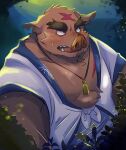  2022 anthro asian_clothing biped blush brown_body brown_fur clothing east_asian_clothing fur hi_res japanese_clothing kemono male mammal night outside overweight overweight_male scar solo suid suina sus_(pig) tiri_mama wild_boar 