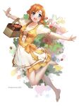  1girl artist_name bare_legs barefoot basket blue_eyes braid breasts bug butterfly dress food fruit full_body hair_ornament hairclip highres kousaka_honoka love_live! medium_breasts nakano_maru open_mouth orange_hair outstretched_arms puffy_short_sleeves puffy_sleeves short_hair short_sleeves simple_background single_wrist_cuff smile solo spread_arms strawberry teeth twin_braids upper_teeth white_background white_dress wrist_cuffs 