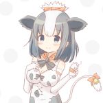 1girl animal_ear_fluff animal_ears animal_print bare_shoulders bell blue_eyes blush bottle bow breasts cleavage closed_mouth commentary_request cow_ears cow_girl cow_print cow_tail dress elbow_gloves gloves grey_hair hair_bow hands_up highres holding holding_bottle holstein_friesian_cattle_(kemono_friends) kemono_friends medium_breasts milk_bottle multicolored_hair orange_bow print_dress sleeveless sleeveless_dress smile solo sunanuko_(ramuneko) tail tail_bell tail_bow tail_ornament two-tone_hair upper_body white_background white_dress white_gloves 