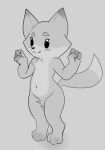  :3 anthro beady_eyes blush canid canine clenched_fists crotch_tuft eyebrows female flat_chested fox foxtrot_(copyright) foxy_(foxtrot) grey_background mammal monochrome raised_arms servali_sketch simple_background smile solo standing tuft 