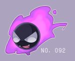  animal_focus black_eyes commentary_request constricted_pupils fangs floating full_body gastly ghost happy kureson_(hayama_baa) no_humans open_mouth outline pokedex_number pokemon pokemon_(creature) purple_background purple_theme simple_background smile white_outline 
