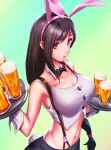  1girl alcohol animal_ears beer bow bowtie breasts brown_hair buttons cleavage collar cup drinking_glass fake_animal_ears fake_tail final_fantasy final_fantasy_vii green_background highres large_breasts long_hair low-tied_long_hair midriff navel parted_lips purple_eyes rabbit_ears rabbit_tail shirt simple_background skirt suspender_skirt suspenders tail tifa_lockhart tray ura_dora waitress white_collar white_shirt 