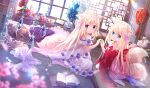  2girls :o ahoge animal_ear_fluff animal_ears bare_shoulders barefoot blonde_hair blue_eyes blue_flower blue_rose blurry blurry_foreground blush book character_doll closed_mouth commentary day depth_of_field dress english_commentary flower fox_ears fox_girl fox_tail gawr_gura hair_flower hair_ornament highres hololive hololive_english indoors japanese_clothes kimono long_hair long_sleeves looking_at_viewer multiple_girls off-shoulder_dress off_shoulder open_book original parted_lips peas_(peas0125) pink_flower red_kimono rose siblings sisters smile sunlight tail twins very_long_hair watson_amelia white_dress white_flower wide_sleeves window 