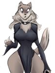  blush breasts canid canine canis clothing crossgender digital_media_(artwork) female hair jam_(artist) long_hair looking_at_viewer mammal reverend_wolf_(jam) simple_background solo tight_clothing wide_hips wolf 