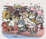  &gt;_&lt; 6+girls absurdres armor armored_dress axe aymr_(fire_emblem) blush byleth_(fire_emblem) byleth_(fire_emblem)_(female) chibi double_bun edelgard_von_hresvelg fire_emblem fire_emblem:_three_houses fire_emblem_heroes fire_emblem_warriors:_three_hopes fishing fishing_rod flame_emperor garreg_mach_monastery_uniform hegemon_edelgard highres korokoro_daigorou mask multiple_girls multiple_persona official_alternate_costume purple_eyes side_ponytail tiara too_many water weapon 