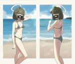  1girl ahoge alternate_costume arm_behind_head ass bangs beach bikini black_mask blue_archive blunt_bangs blush bob_cut border breasts cm2 flat_ass from_behind green_bikini green_hair halo hand_up highres looking_at_viewer mask midriff mouth_mask multiple_views navel outside_border sand sanpaku short_hair small_breasts sukeban_(sr)_(blue_archive) surgical_mask sweatdrop swimsuit water 