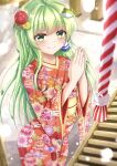 1girl alternate_costume bangs blurry box closed_mouth depth_of_field donation_box eyebrows_visible_through_hair floral_print flower frog_hair_ornament green_eyes green_hair hair_flower hair_ornament hair_tubes highres japanese_clothes kimono kochiya_sanae long_hair looking_at_viewer outdoors own_hands_together red_kimono reijing_etrn sash shrine smile solo standing touhou 