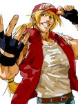  1boy beef_stew belt blonde_hair blue_eyes fatal_fury fatal_fury_cap fingerless_gloves gloves jacket ponytail sleeveless terry_bogard the_king_of_fighters 