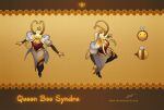  1girl animal artist_name bangs bare_shoulders bee black_skin blonde_hair breasts brown_background bug character_name cleavage collarbone colored_skin crown dress english_commentary from_above fur_trim high_heels horns large_breasts league_of_legends long_hair multiple_views ponytail syndra thorsten_erdt web_address yellow_skin 