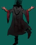  1boy black_cloak black_footwear blood blood_on_clothes blood_on_hands bloodborne boots cage cloak commentary_request from_behind green_background hands_up highres hood hood_down hooded_cloak kureson_(hayama_baa) layered_sleeves leg_up long_sleeves male_focus mensis_cage micolash_host_of_the_nightmare short_hair simple_background solo standing standing_on_one_leg wide_sleeves 