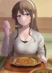  1girl alternate_costume ashigara_(kancolle) breasts brown_eyes brown_hair cleavage closed_mouth commentary_request cup drinking_glass food hairband highres holding holding_spoon indoors kantai_collection large_breasts long_hair long_sleeves looking_at_viewer meal misumi_(niku-kyu) ribbed_sweater saizeriya smile solo spoon sweater twitter_username wavy_hair 