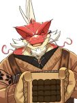  2022 anthro beard biped candy car chocolate clothing dessert eyes_closed facial_hair food gloves handwear hi_res iguanid itzamna kemono lhjal2 lifewonders lizard red_body reptile scalie simple_background solo sweater tokyo_afterschool_summoners topwear vehicle video_games white_background 