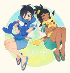  2boys :d ^_^ bad_id bad_twitter_id bangs black_hair blue_eyes blue_shorts closed_eyes dark-skinned_male dark_skin elio_(pokemon) green_footwear green_hair green_shorts happy hau_(pokemon) highres holding holding_pokemon lower_teeth male_focus multiple_boys open_mouth pikachu pokemon pokemon_(creature) pokemon_(game) pokemon_sm popplio sandals shirt short_hair short_sleeves shorts smile teeth toes tongue white_shirt yukin_(es) 