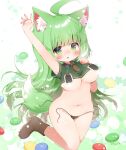  1girl animal_ear_fluff animal_ears areola_slip areolae arm_up bangs black_panties blush boots borrowed_character breasts brown_necktie censored cleavage crop_top eyebrows_visible_through_hair fang fox_ears fox_tail green_eyes green_hair green_shirt green_skirt groin highres large_breasts long_hair looking_at_viewer momozu_komamochi navel necktie open_mouth oppai_loli original panties panties_removed shirt side-tie_panties skirt solo star_censor starry_background tail underboob underwear 