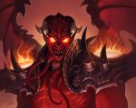  1boy armor colored_skin demon_boy facial_hair glowing glowing_eyes goatee hearthstone horns kil&#039;jaeden male_focus muscular muscular_male open_mouth red_skin sharp_teeth shoulder_armor shoulder_spikes signature solo spikes teeth tentacles thorsten_erdt upper_body wings 