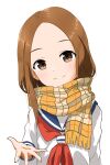  1girl absurdres beckoning blue_sailor_collar brown_eyes brown_hair closed_mouth forehead haika_iwatsuki head_tilt highres karakai_jouzu_no_takagi-san long_hair long_sleeves multicolored_clothes multicolored_scarf neckerchief outstretched_hand patterned_clothing red_neckerchief sailor_collar scarf school_uniform serafuku shirt simple_background smile solo split_mouth symbol-only_commentary takagi-san upper_body white_background white_shirt 