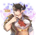  1boy absurdres bangs bara barawa black_hair black_jacket brown_eyes collared_shirt cow_boy cow_horns draph facial_hair falling_feathers feathers goatee granblue_fantasy highres horns jacket male_focus monocle muscular muscular_male open_clothes open_jacket osu(statatatatatata) pectorals pointy_ears shirt short_hair sleeves_rolled_up smile solo upper_body white_shirt 