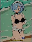  1girl arms_behind_back bangs beach bikini black_bikini blue_eyes blue_hair bluethebone breasts choker collarbone commentary english_commentary english_text frills hair_ornament hair_over_one_eye hairclip highres large_breasts maid_bikini maid_headdress navel one_eye_covered re:zero_kara_hajimeru_isekai_seikatsu rem_(re:zero) retro_artstyle short_hair solo subtitled swimsuit water x_hair_ornament 