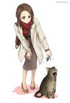  1girl animal artist_name bag blush brown_footwear brown_hair brown_skirt cat earrings fumino_tamaki green_eyes grey_jacket handbag highres jacket jewelry key leaning_forward long_hair long_sleeves looking_at_another nijisanji office_lady open_mouth original outstretched_arm parted_lips pencil_skirt red_scarf scarf setu_kurokawa simple_background skirt smile standing white_background yawning 