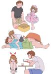  1boy 1girl :d bangs barefoot belt belt_buckle birch_(pokemon) blue_eyes blue_shirt blush box brown_hair buckle dress father_and_daughter gimako_(oshiri_no_hoppe) glass green_shorts hat may_(pokemon) multiple_views open_mouth pink_dress pink_headwear pokemon pokemon_(game) pokemon_oras pouring shirt short_sleeves shorts simple_background sitting smile stool t-shirt table toes washtub white_background younger 