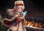  1girl bangs blush capelet christmas cityscape dress eyebrows_visible_through_hair fur-trimmed_capelet fur-trimmed_dress fur-trimmed_gloves fur-trimmed_headwear fur_trim gloves grey_hair hair_bun hair_ornament hairclip hands_up highres long_hair looking_at_viewer natsutomoki night octagram open_mouth original outdoors pentagram pom_pom_(clothes) purple_eyes smile snow snow_bunny snowflakes snowing snowman solo star_(symbol) tree upper_body winter winter_clothes 
