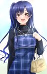  1girl :d bag bangs black_shirt blue_dress blue_hair blush brown_eyes dress eyebrows_visible_through_hair floating_hair hair_between_eyes handbag highres idolmaster idolmaster_(classic) jewelry kisaragi_chihaya lieass long_hair long_sleeves looking_at_viewer necklace open_mouth pinafore_dress plaid plaid_dress shiny shiny_hair shirt side_ponytail sleeveless sleeveless_dress smile solo standing very_long_hair 