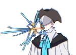  1girl augur_of_ebrietas black_headwear bloodborne blue_ribbon blurry capelet chromatic_aberration commentary_request covered_eyes eye_mask hat kureson_(hayama_baa) motion_blur mouth_hold neck_ribbon party_whistle ribbon simple_background solo upper_body white_background white_capelet yurie_the_last_scholar 