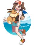  1girl aqua_shorts backpack bag bangs baseball_cap blue_background blue_sky blush brown_eyes brown_hair cloud commentary_request dated day eevee elaine_(pokemon) eye_contact eyebrows_visible_through_hair full_body fur_collar happy hat imminent_hug jumping kureson_(hayama_baa) leg_up looking_at_another looking_down looking_up medium_hair multicolored_shirt open_mouth outdoors outline outstretched_arms pawpads poke_ball_symbol poke_ball_theme pokemon pokemon_(creature) pokemon_(game) pokemon_lgpe ponytail puffy_short_sleeves puffy_sleeves purple_eyes red_footwear red_headwear shirt shoes short_shorts short_sleeves shorts sidelocks sky smile standing standing_on_one_leg teeth two-tone_background white_background white_outline 