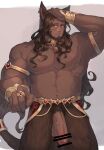  1boy abs animal_ears armlet avatar_(ff14) bar_censor bara beard blush body_fur brown_hair cat_boy cat_ears cat_tail censored cow_ears dark-skinned_male dark_skin earrings facial_hair final_fantasy final_fantasy_xiv flaccid gold_necklace hand_on_own_head jewelry large_pectorals long_hair looking_at_viewer male_focus mature_male muscular muscular_male navel nipples no_male_underwear pectorals red_eyes roegadyn solo stomach tail topless_male uori vambraces 