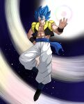  blue_eyes blue_hair boots dragon_ball dragon_ball_super dragon_ball_z ememtrp gogeta highres jacket muscular muscular_male pale_skin rainbow_gradient sash smile solo space spiked_hair super_saiyan super_saiyan_blue 