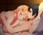  1boy 1girl alice_zuberg black_eyes black_hair blonde_hair closed_eyes closed_mouth couple flower from_side girl_on_top hair_flower hair_ornament hetero highres indoors jewelry kirito long_hair looking_at_another nude orange_flower pillow ring shiny shiny_hair short_hair smile sword_art_online under_covers upper_body vermillioncelestia wedding_ring 