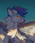  2022 amber_eyes ambiguous_gender blep blue_hair canid canine digital_media_(artwork) feathered_wings feathers feral fox hair hioshiru hybrid looking_at_viewer mammal smile solo tongue tongue_out wings 