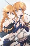  2girls bare_shoulders blue_eyes braid breasts chain closed_mouth commentary_request cowboy_shot date_a_live drill_hair expressionless eyebrows_visible_through_hair hair_between_eyes highres holding_hands long_hair looking_at_viewer multiple_girls navel orange_hair siblings sidelocks sisters twins user_phrn7385 yamai_kaguya yamai_yuzuru 