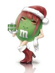  1girl absurdres bangs blunt_bangs boots chainsaw_man commentary crossover english_commentary full_body fur-trimmed_boots fur-trimmed_gloves fur-trimmed_headwear fur_trim fusion gift gloves hand_up hat high_heel_boots high_heels highres holding holding_gift leaning_on_object looking_at_viewer m&amp;m&#039;s makima_(chainsaw_man) red_footwear red_hair red_headwear ringed_eyes santa_hat simple_background smile solo standing white_background white_gloves yellow_eyes yuevuo 
